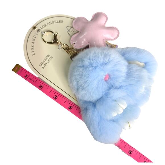 Eyecandy Fluffy Bunny Bag Charm Flower Beaded Bracelet Key Clip Blue Faux Fur - Picture 6 of 8